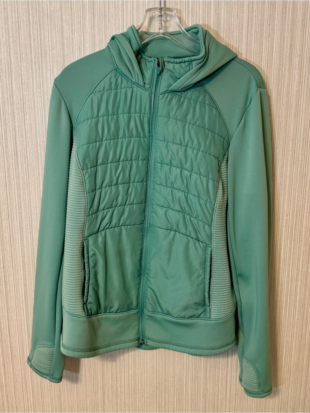 Mint Green Activewear Fleece Lined Quilted Mixed Media Hooded Coat Jacket Sz 1X